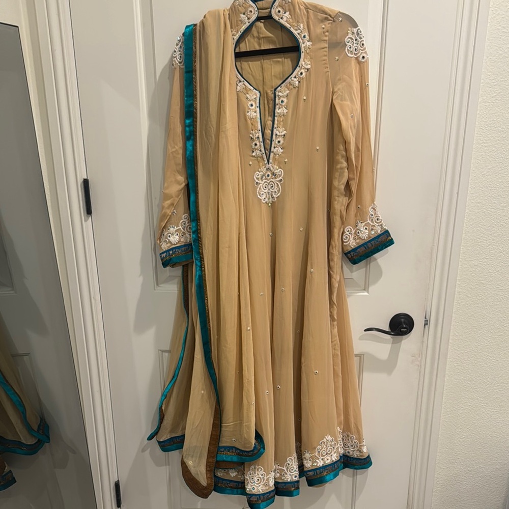 Elegant Beige and Teal Embroidered Indian Dress